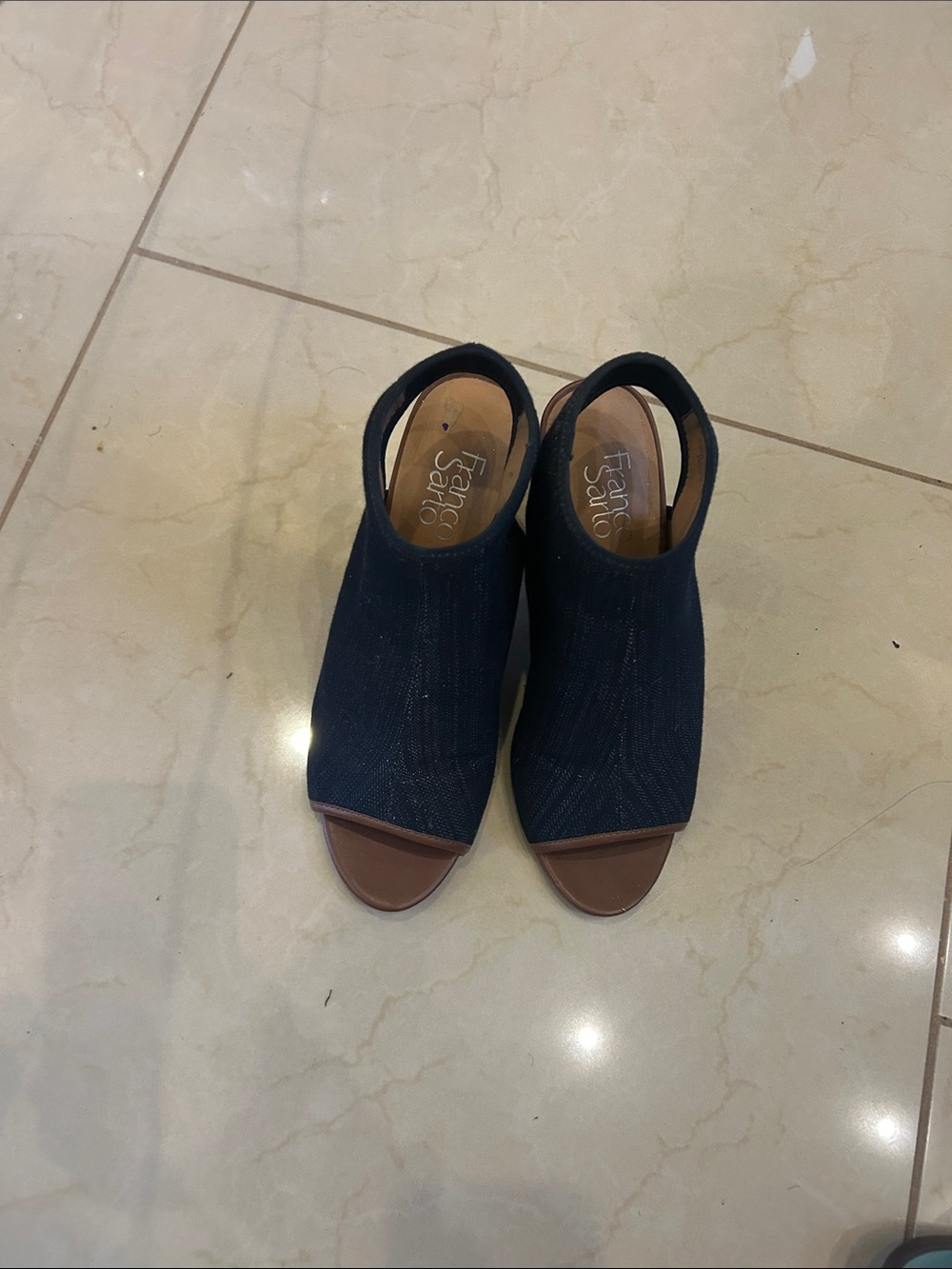 Franco Sarto Navy Open-Toe Slingback Wedges with Brown Trim